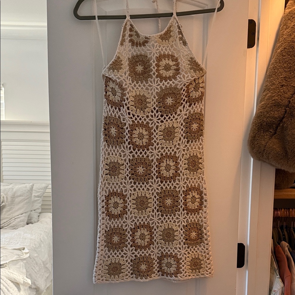 Ocean Drive Crochet Mini Dress in Cream and Brown